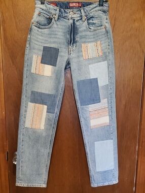 Lucky Brand Light Blue Patchwork Mid Rise Boyfriend Relaxed Straight-Leg Jeans